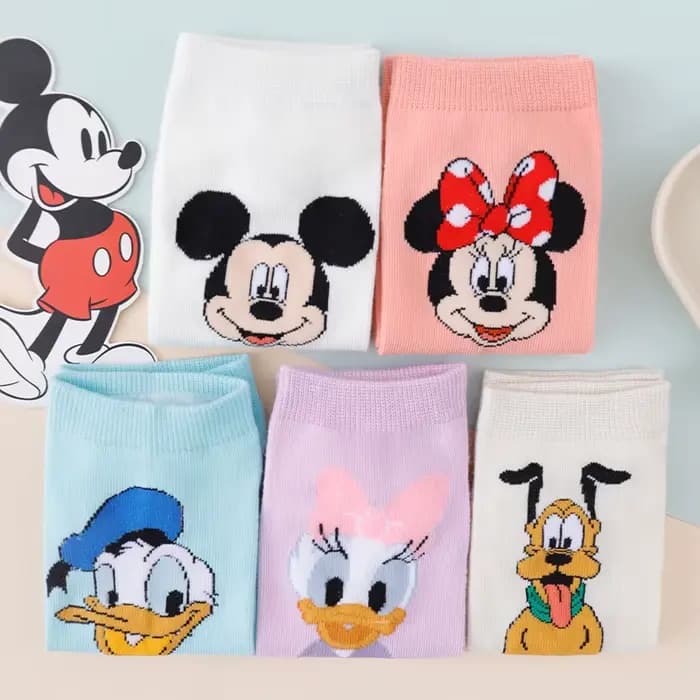 5 paires de chaussettes courtes en coton imprimées de dessins animés Disney Mickey Minnie Donald Duck pour femmes, chaussettes décontractées respirantes à coupe basse