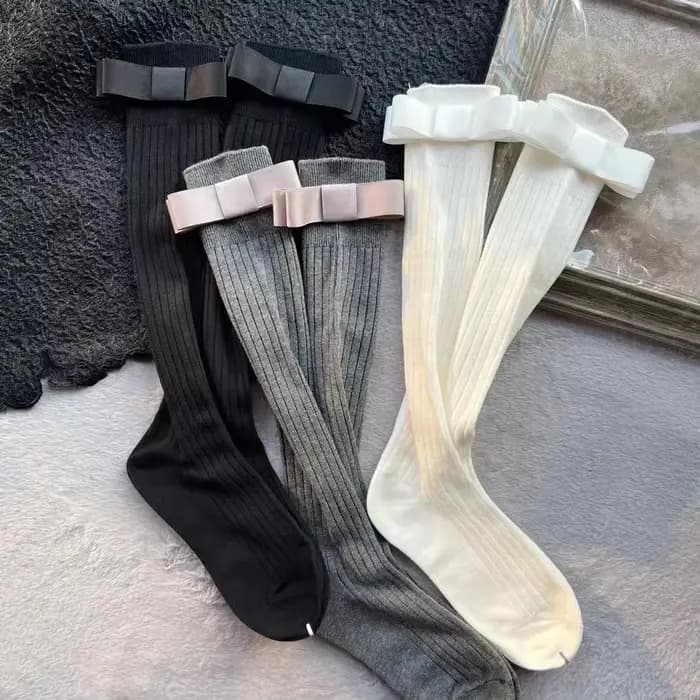 Bas pour femmes printemps été tendances décontracté Style Preppy chaussettes hautes femme HQ coton couleur unie nœud longue mollet chaussette confortable