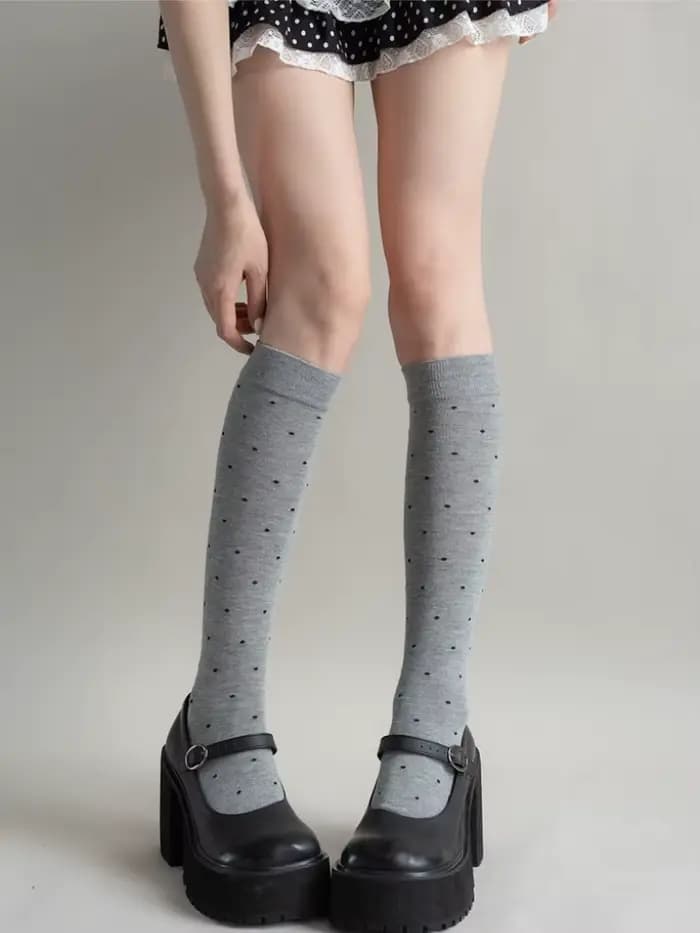 JK uniforme blanc coton chaussettes femmes Vintage mignon à pois genou-haut chaussette Compression
