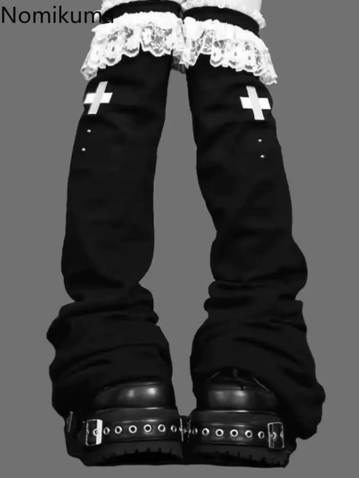 Doux Harajuku femmes Y2k fille dentelle à volants gothique Lolita sur genou haute chaussette Kawaii longues chaussettes couvre-pied Grunge Punk jambières