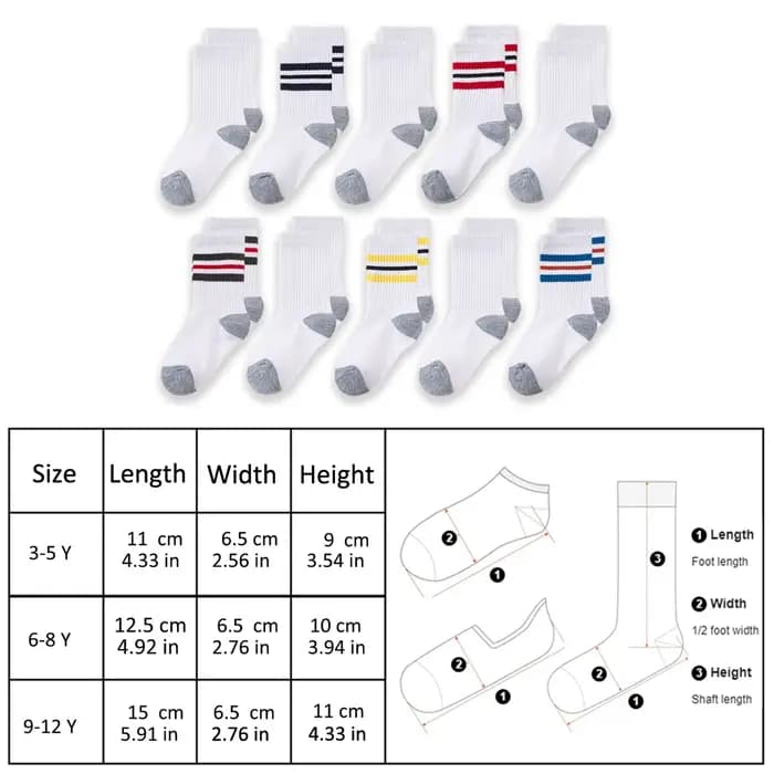 10 paires de chaussettes de sport mi-mollet pour enfants