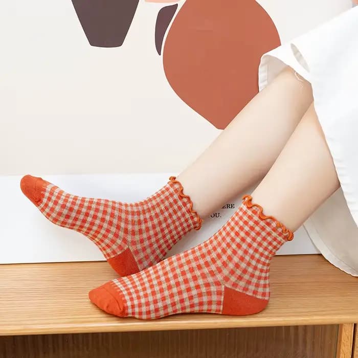 Femmes chaussettes automne à carreaux rétro Vintage coton