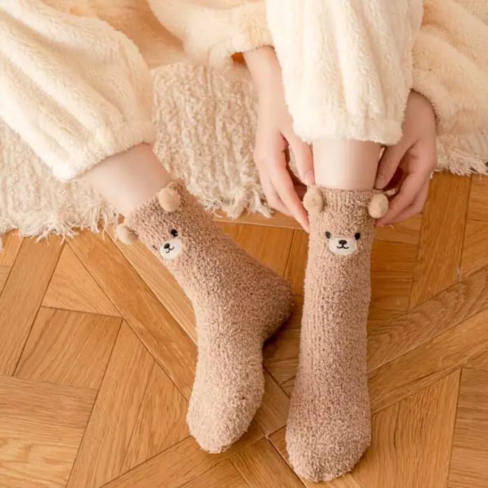 Femmes hiver chaud moelleux chaussettes maison sol sommeil Kawaii 3D ours mignon Animal épais polaire floue chaussette mode japonaise Style coréen