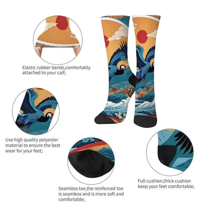 Chaussettes pour hommes rétro japonaises Ukiyo-e imprimé grue Harajuku