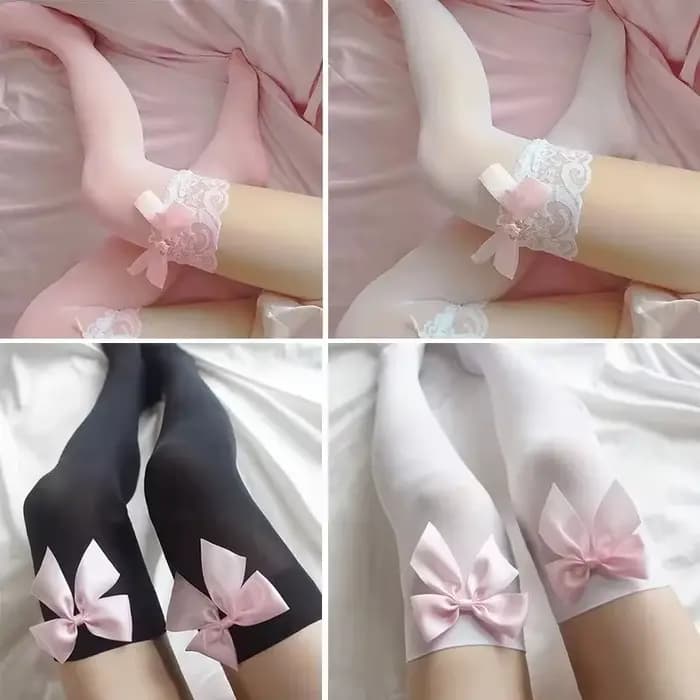 Bas roses pour femmes, chaussettes longues Sexy avec nœud en dentelle