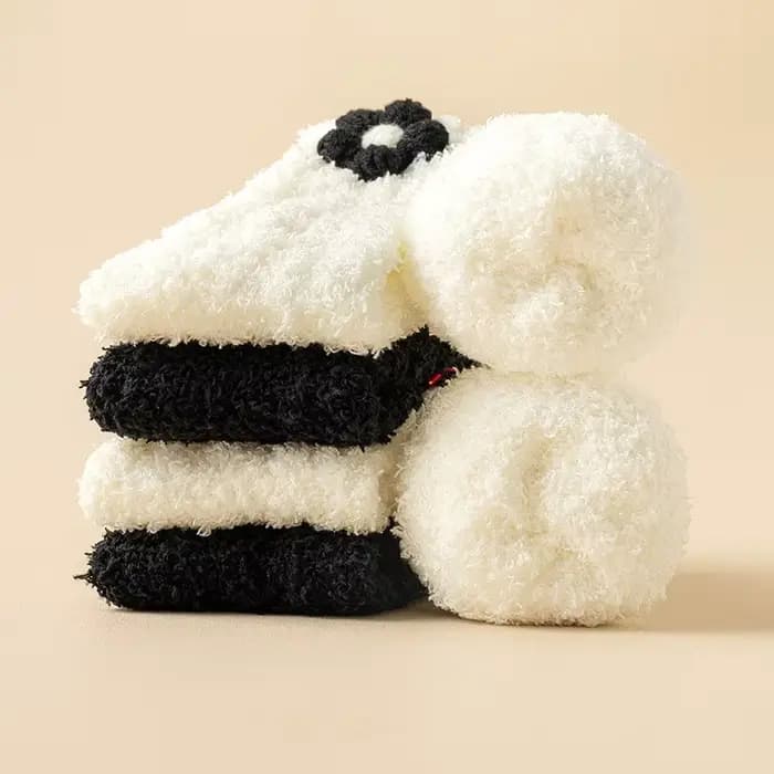 Chaussettes mi-tube en velours pour femmes, chaussettes d'optique mignonnes, chaussettes de couchage pour la maison, nœud de fleur chaud, noir et blanc, lieux d'automne et d'hiver