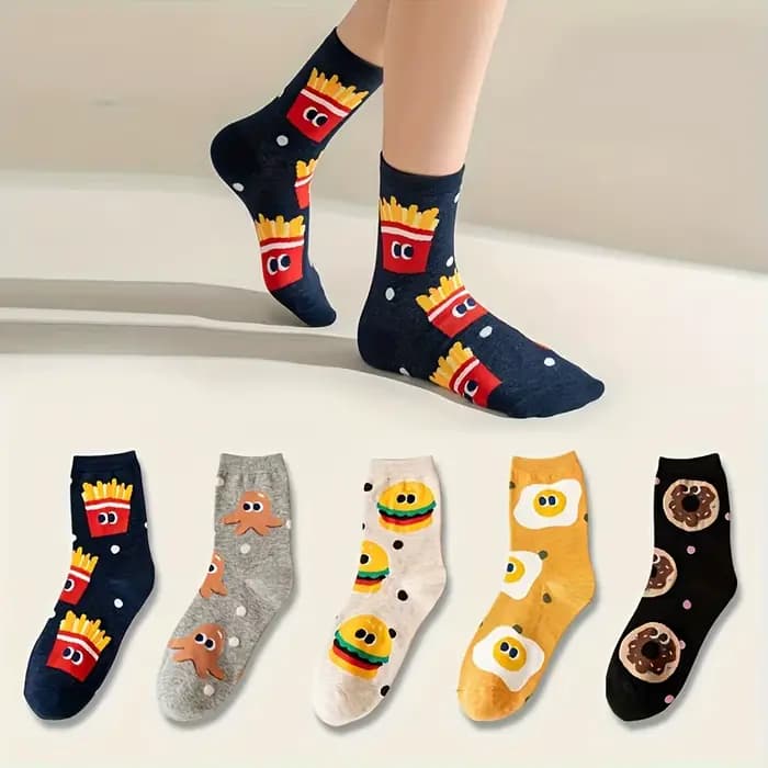 5 paires de chaussettes pour enfants de couleurs mélangées avec des motifs de hamburger et de frites mignons de dessin