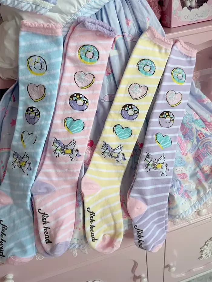 Chaussettes au-dessus du genou Donut de rêve originales chaussettes en coton LOLITA chaussettes imprimées donut licorne