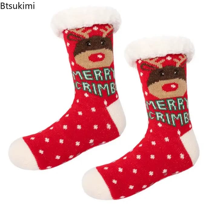 Cadeau de noël pantoufle chaussettes femmes thermique hiver chaud en peluche antidérapant dormir sol chaussette courte floue moelleux femme dessin animé