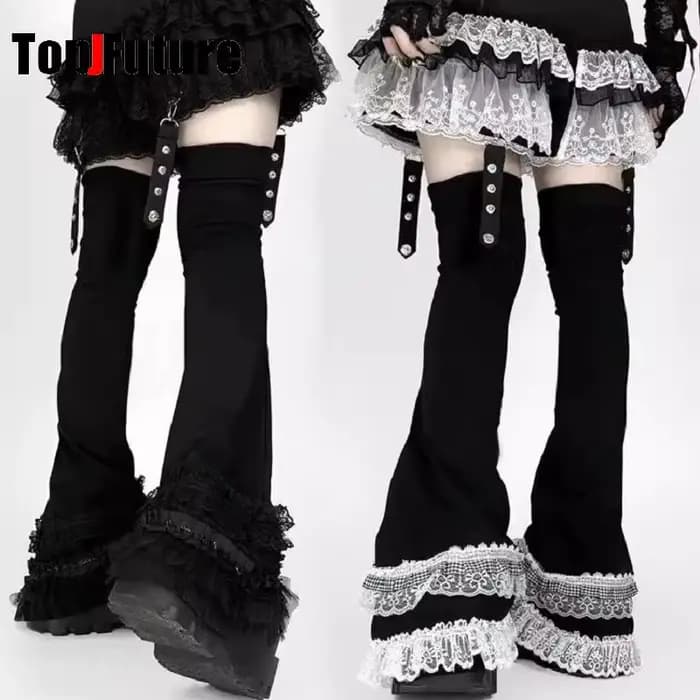 Femmes Y2k fille Patchwork dentelle à volants gothique Lolita sur genou haute chaussette Kawaii dentelle longues chaussettes couvre-pied Grunge Punk jambières