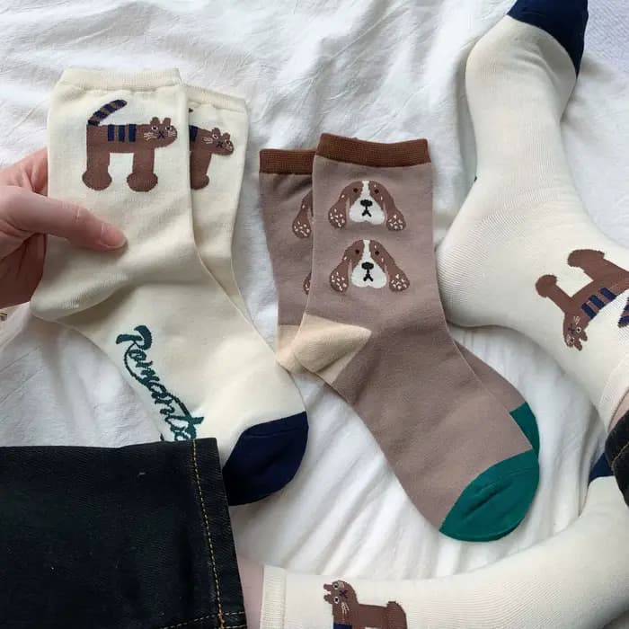 Chaussettes pour femmes en coton, mignonnes et décontractées, imprimées de dessins animés (chien, chat, tigre), courtes, mi-mollet, style streetwear, Calcetines Mujer