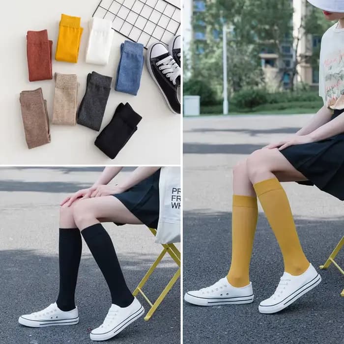 2 paires femmes coton genou chaussettes hautes noir blanc couleur unie mode décontracté mollet chaussette femme fille
