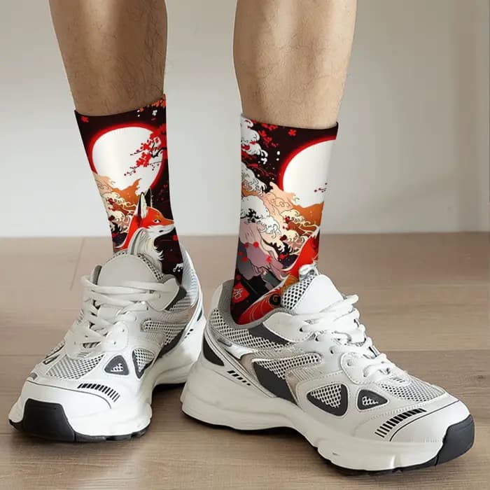 Chaussettes de style japonais Ukiyo-e avec motif de renard