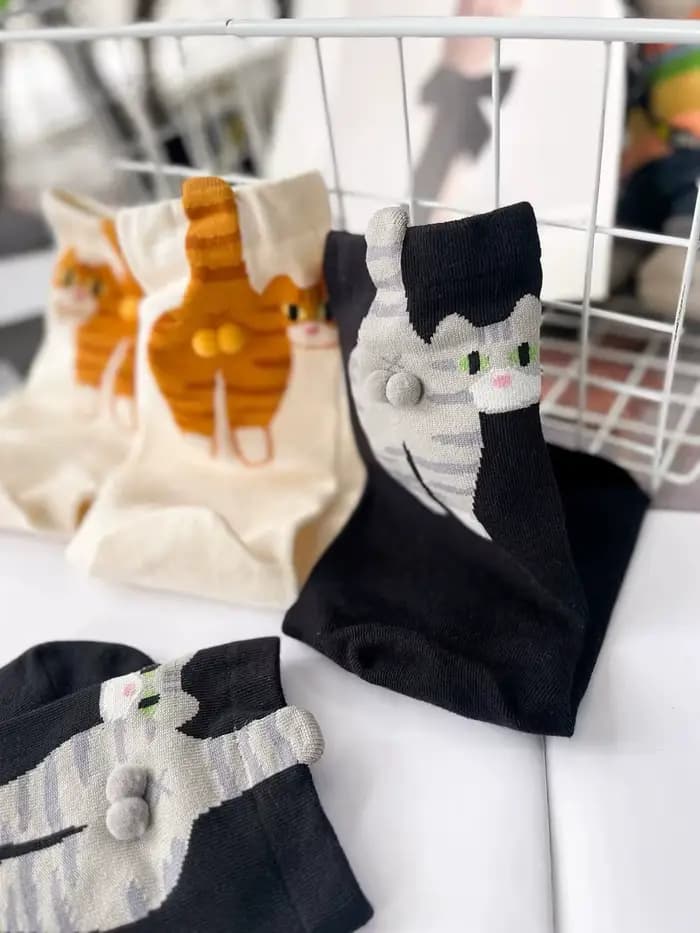 Chaussettes 3D Mignonnes Chat Noir/Blanc, Chaussettes Drôles Chat Respirantes et Douces pour Filles et Femmes, Chaussettes Fantaisie Kawaii, Ensemble Cadeau