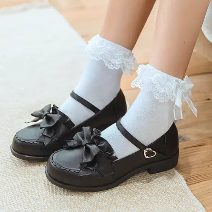 Lolita femmes Harajuku rétro dentelle chaussettes avec nœud cheville JK froufrous à volants coton princesse filles mariage danse blanc mignon Ballet
