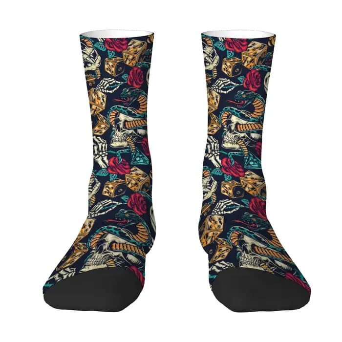 Chaussettes rétro à motif de crâne et de rose