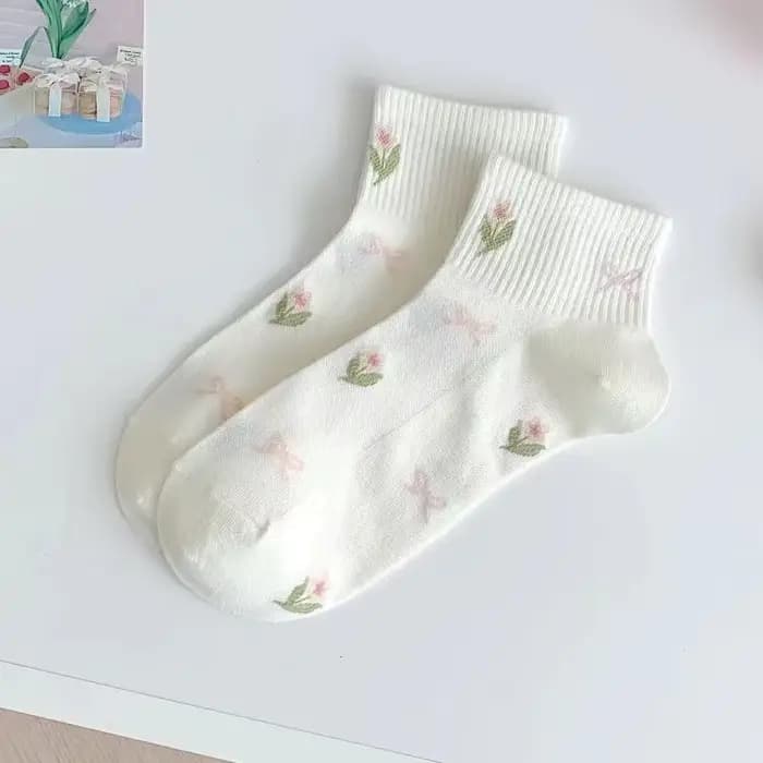 5 paires de chaussettes courtes roses avec nœud papillon et fleurs