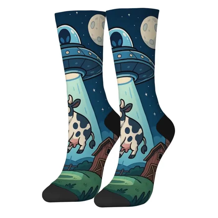 Harajuku Retro UFO Kidnapped Cow Pattern Men's Socks Comfortable Breathable Non-slip Casual Socks Novelty Street Crew Socks Gift