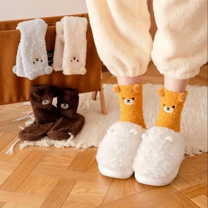 Femmes hiver chaud moelleux chaussettes maison sol sommeil Kawaii 3D ours mignon Animal épais polaire floue chaussette mode japonaise Style coréen