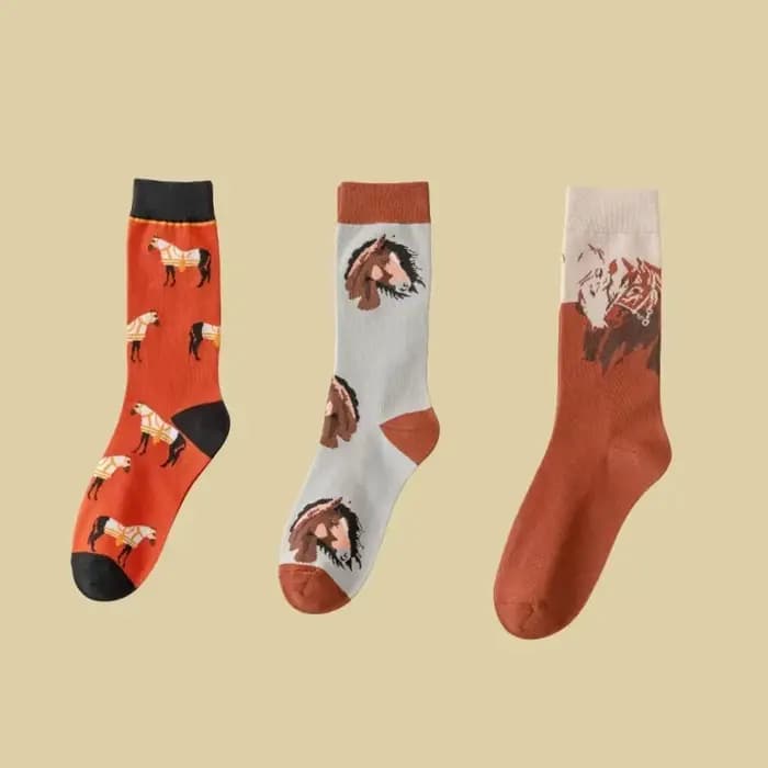 3 paires de nouvelles chaussettes d'automne et d'hiver, cheval de dessin animé contrasté, semelle intermédiaire rétro, tendance, polyvalentes, amusantes, mignonnes