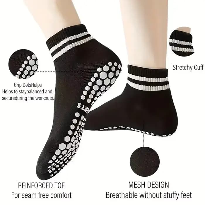 Chaussettes antidérapantes pour femmes, chaussettes de yoga Pilates avec double rayures, chaussettes antidérapantes pour l'entraînement, chaussettes de ballet et d'athlétisme