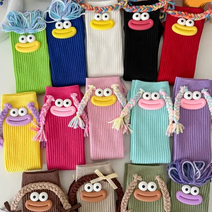 Femme mi-longue Kawaii dessin animé coloré chaussette fille grande bouche tresses drôle coton longues chaussettes