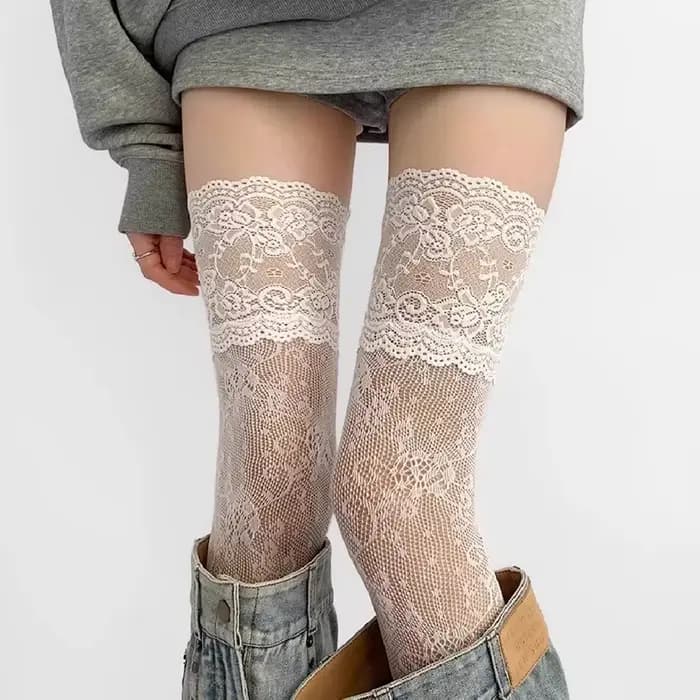 Chaussettes JK pour femmes, au-dessus du genou, sexy, en nylon, à dentelle, résille, motif floral rétro, respirantes, taille haute, longues