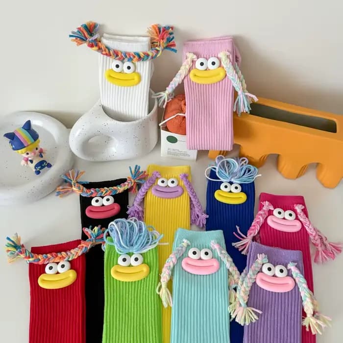 Femme mi-longue Kawaii dessin animé coloré chaussette fille grande bouche tresses drôle coton longues chaussettes