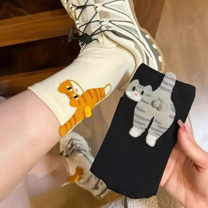 1/2 paires dessin animé chat mignon 3D boules drôles chaussettes Kawaii chaton tricot