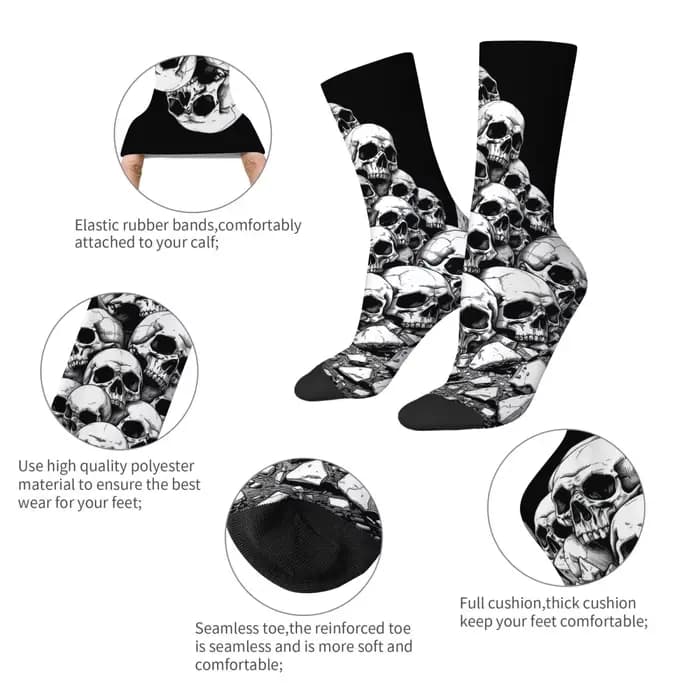 Chaussettes mi-mollet pour hommes à thème sombre avec imprimé crâne, douces, antidérapantes et respirantes, style gothique rebelle, style street horror