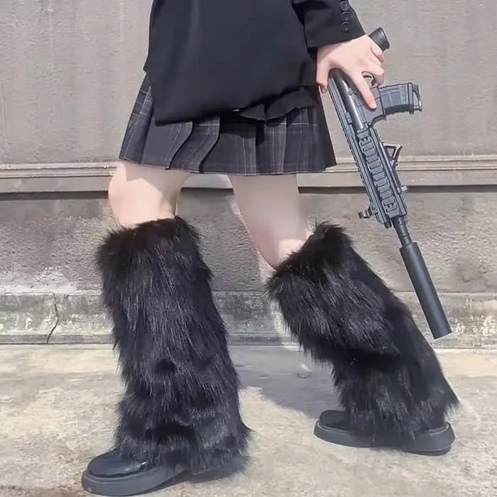 Jambières en fourrure artificielle pour femmes, chaussettes noires et blanches, Lolita japonaise, automne et hiver
