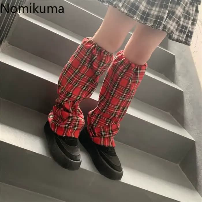 Jambières à carreaux rouges pour femmes, Style Y2K, Patch pour dames, Streetwear, mode, manches de pied, Harajuku, sangle en PU, chaussettes d'été coréennes 2025