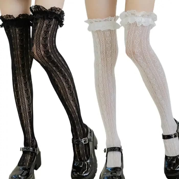 Femmes Lolita résille cuisse haute chaussettes Style japonais coeur rayé dentelle à motifs sur le genou longs bas à volants froufrous Kawaii