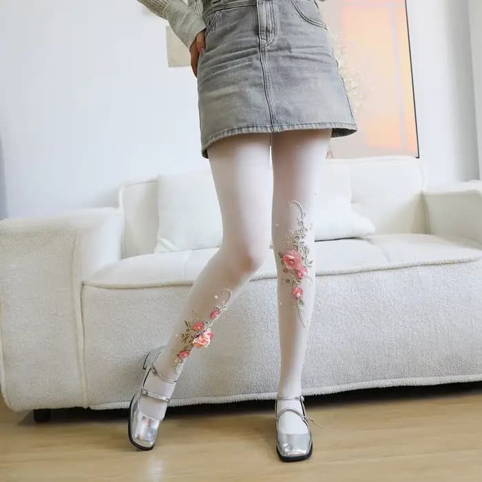 Collants femmes fleur broderie à la main perle diamant