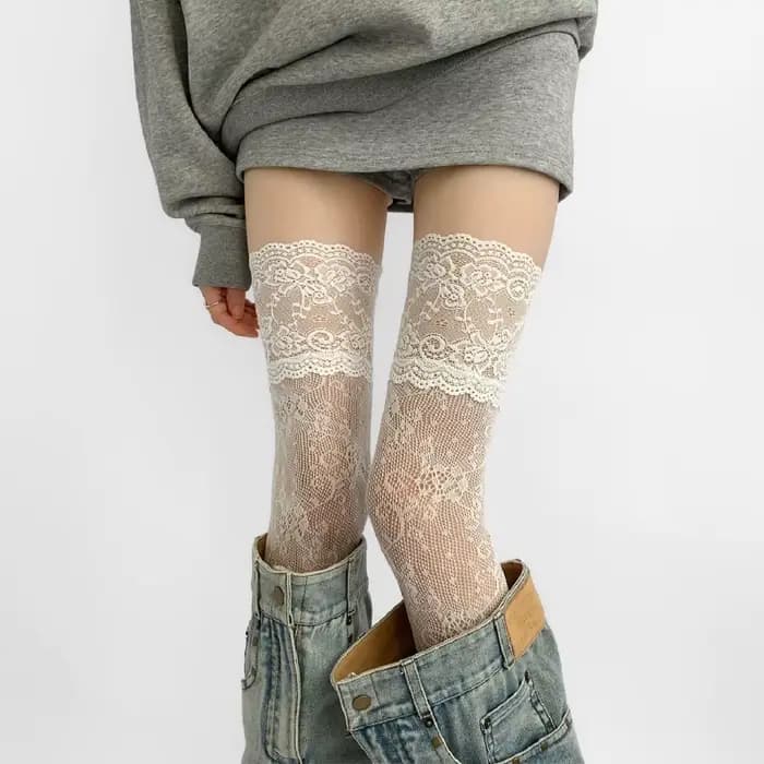 Chaussettes femme automne/été couleur unie cuisse haute dentelle bas femmes sur le genou bas Lolita filles longues
