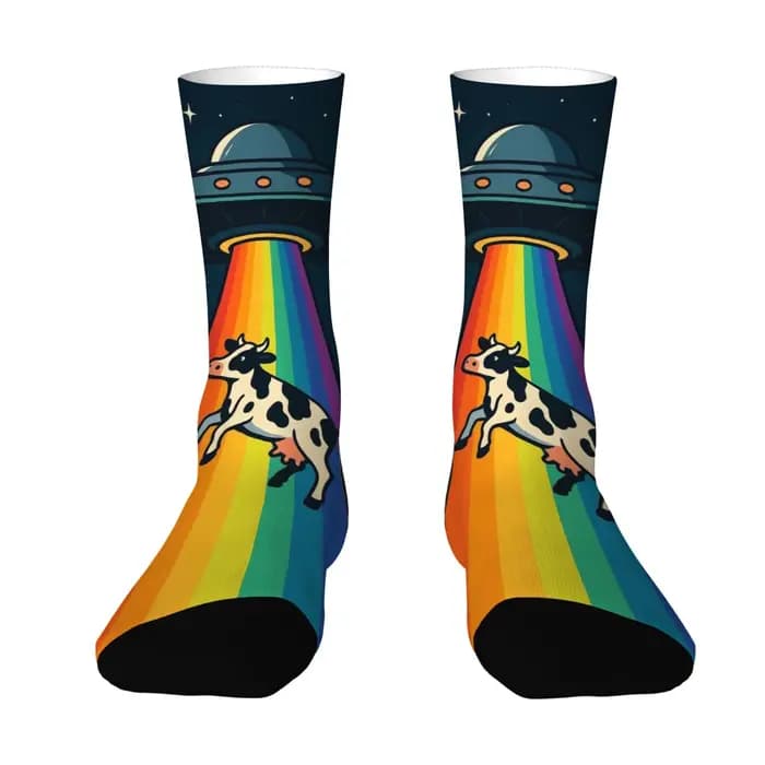 Chaussettes amusantes UFO arc-en-ciel vache rétro imprimé dessin animé