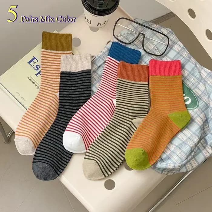 5/10 paires de chaussettes mi-tube en tricot rayé pour femmes