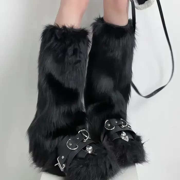 Y2K Goth noir jambe chaussettes Punk Jk genou longueur Hiphop Hotgirl mode chaussette chaude japonais blanc fausse fourrure jambières couvre-bottes