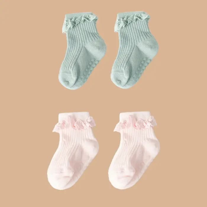 Lot de 2 paires de chaussettes en dentelle de couleur unie pour bébé fille de 0 à 6 mois