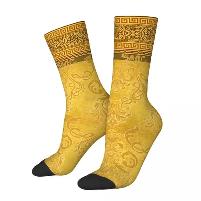 Chaussettes dorées baroques à fleurs ornées de touches grecques pour hommes et femmes