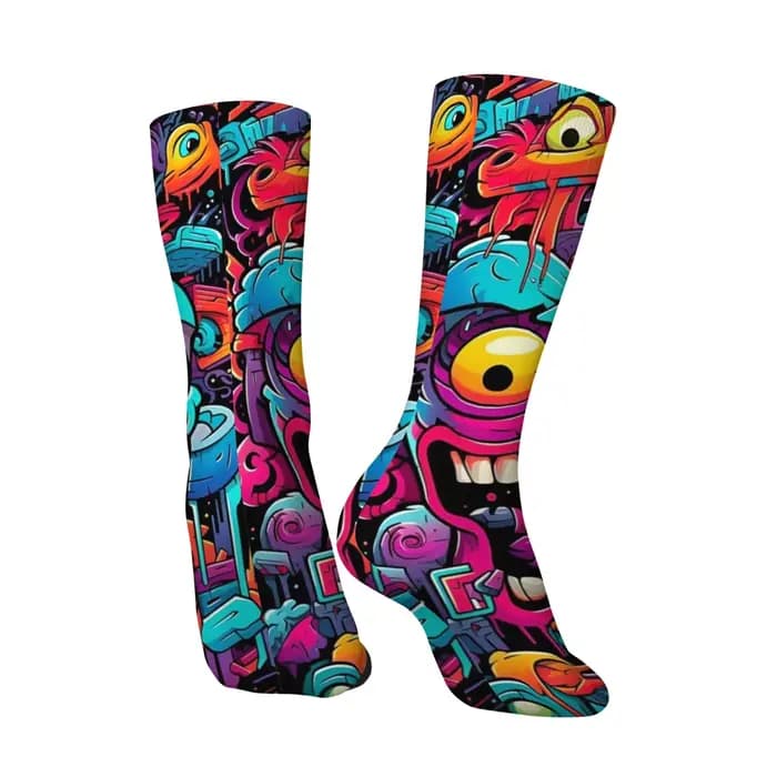 1 paire Hip Hop rétro violet monstre fou hommes chaussettes de Compression Harajuku sans couture imprimé drôle nouveauté Happy Crew chaussette cadeau