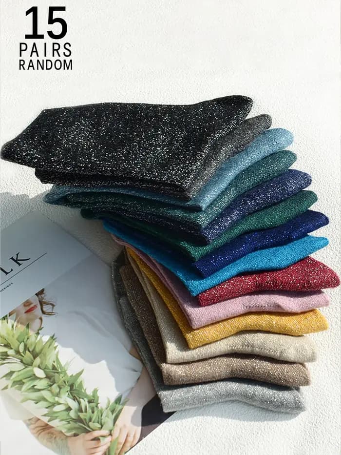 3/5/10/15 paires de chaussettes à paillettes de couleur unie aléatoires