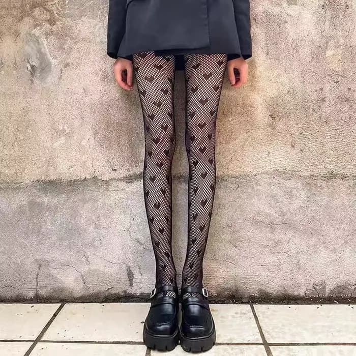 Collants sexy pour femmes, collants à motif cœur, collants en dentelle noire, collants en résille, collants Lolita, collants floraux