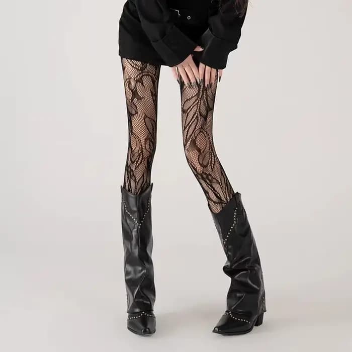 Collants Résille Vintage Français en Dentelle Florale Transparente