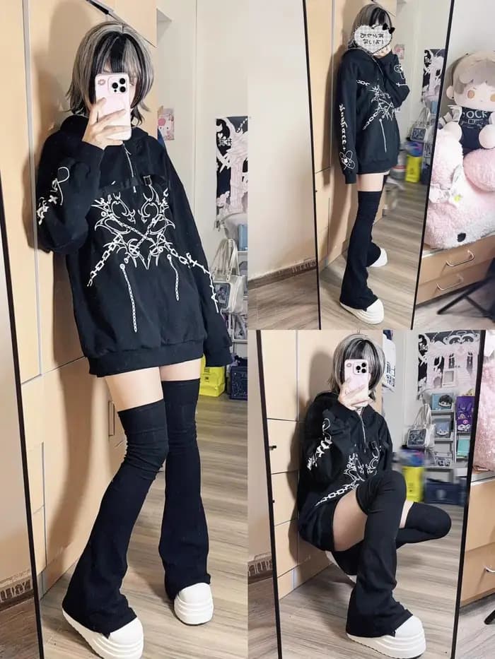 Chaussettes hautes noires solides pour fille épicée subculturelle japonaise