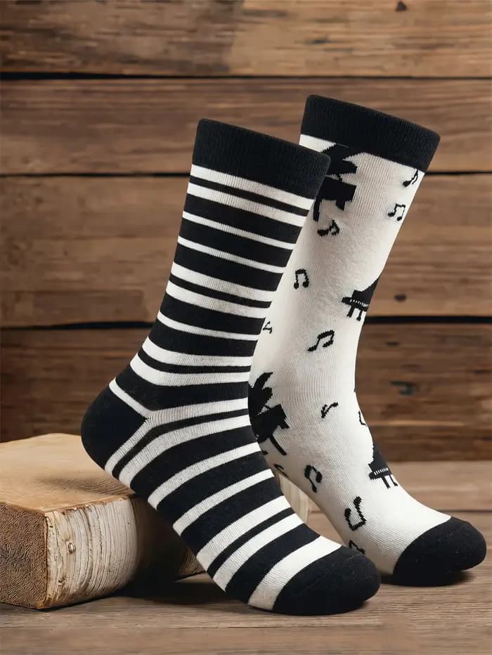 Chaussettes en coton amusantes à rayures contrastées pour hommes, motif piano, noir et blanc, cadeau original pour les amateurs de musique, streetwear