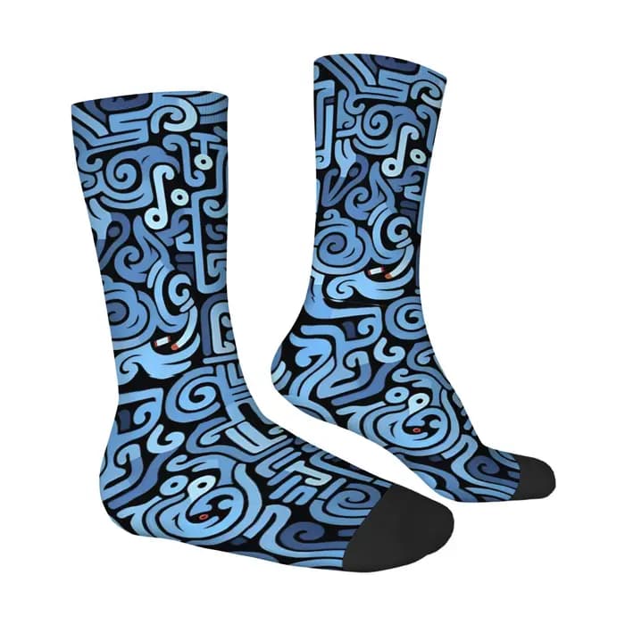 Chaussettes mi-mollet à lignes abstraites bleues et noires, style psychédélique Deep Sea, chaussettes tendance, confortables et respirantes pour les promenades sur la plage