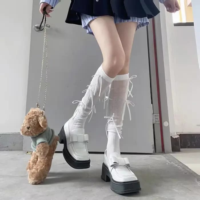 JK fille mode Pile Long Tube Street Shot mollet chaussettes Pile Lolita mollet chaussettes nœud genou haute chaussette