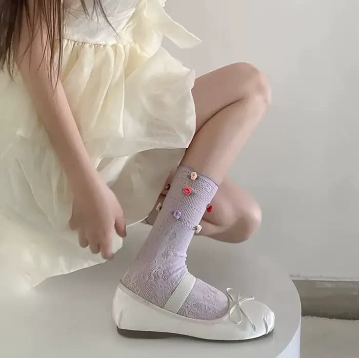 Chaussettes d'été fines pour femmes, élégantes, style français, motif rose, mi-mollet, respirantes, absorbant la transpiration, pour filles