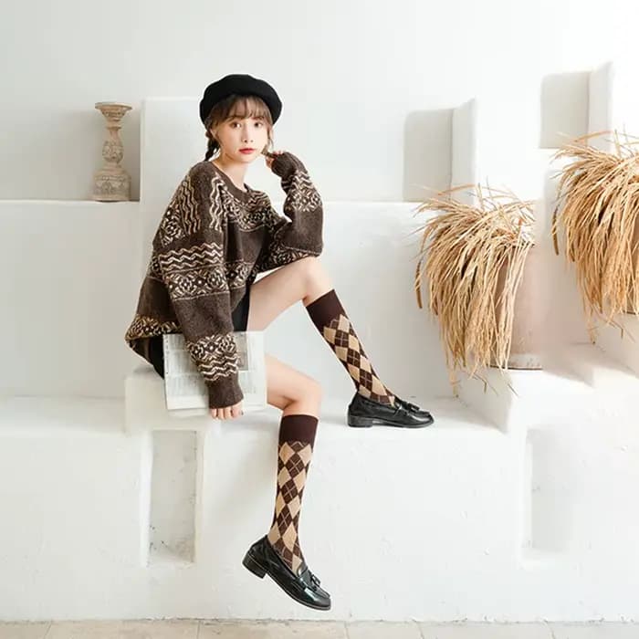 Chaussettes rétro en Jacquard à motif de diamant pour femmes